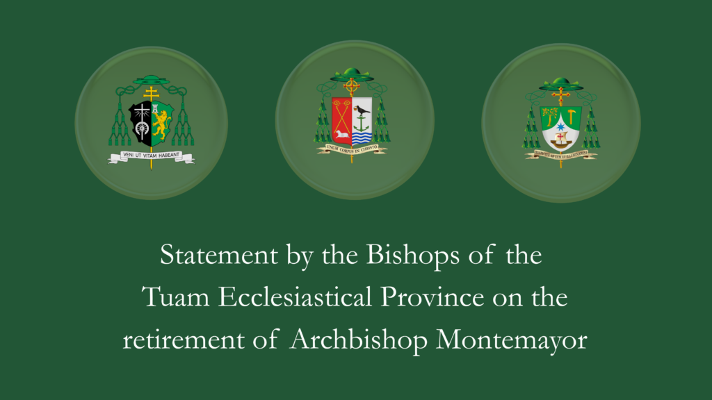 Three church crests above text about the Tuam Ecclesiastical Province Bishops' statement on Archbishop Montemayor's retirement.