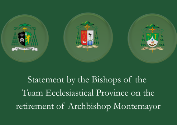 Three church crests above text about the Tuam Ecclesiastical Province Bishops' statement on Archbishop Montemayor's retirement.