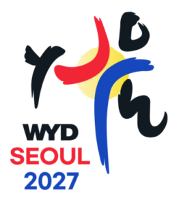 Logo with abstract brushstrokes, a yellow circle, and text: WYD SEOUL 2027 in black, red, and blue on a light background.