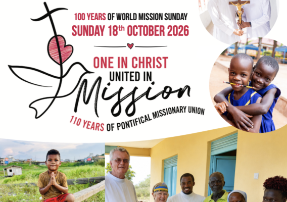 Promotional leaflet for World Mission Sunday 2026 featuring photos of missionaries, children, and church members, including contact and donation information.
