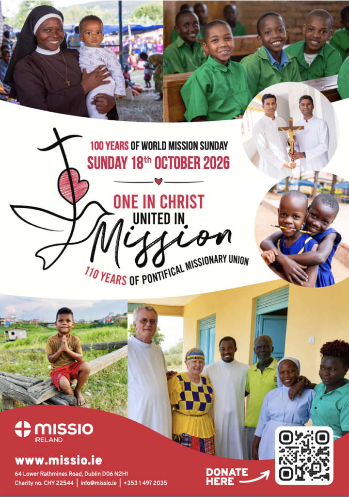 Promotional leaflet for World Mission Sunday 2026 featuring photos of missionaries, children, and church members, including contact and donation information.
